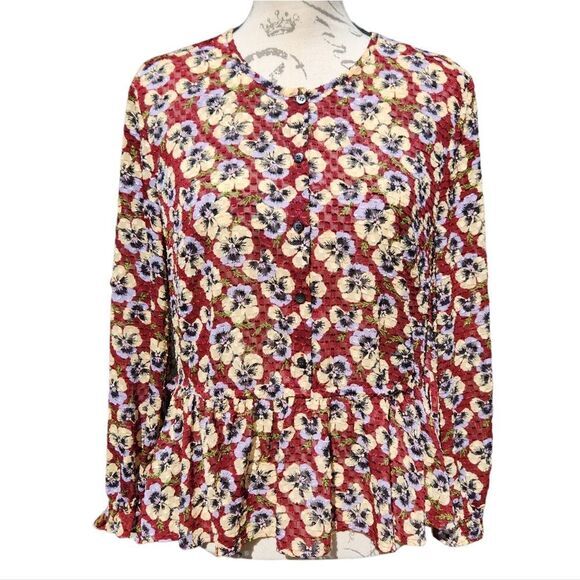 Madewell -565 Drawstring Ruffle-Hem Top Blouse in Viola Floral Burgundy Medium - Picture 3 of 10